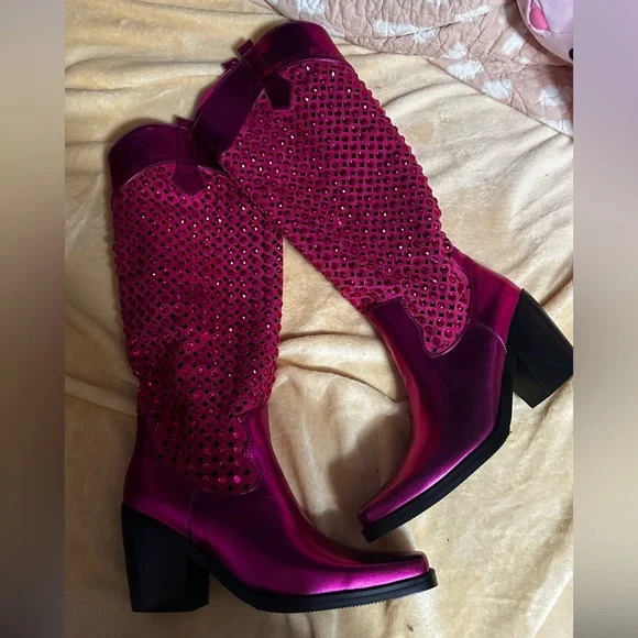 Fuchsia Studded Heeled Boots - Picture 2 of 9